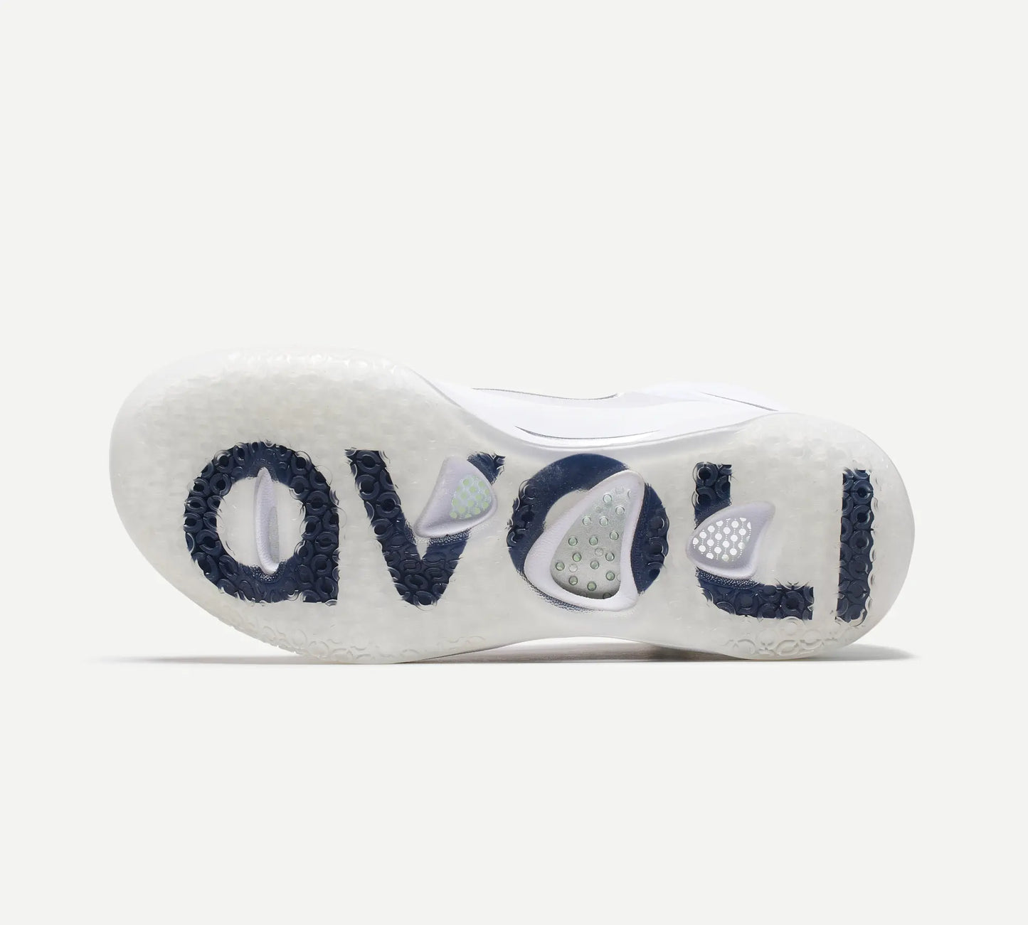 A white volleyball shoe outsole with silver accents, and black Avoli brand name