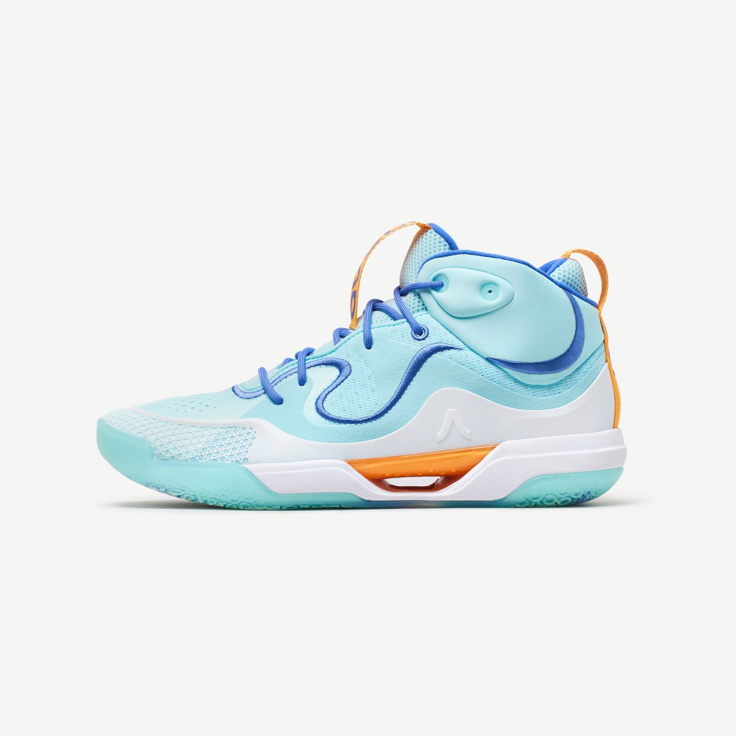 A pair of mid-top volleyball sneakers with blue and orange color scheme, featuring a white midsole and blue outsole.