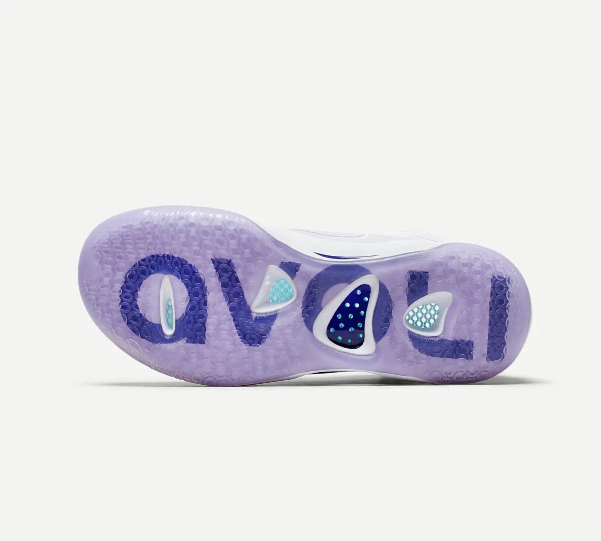 Outsole of a white volleyball shoe with purple accents