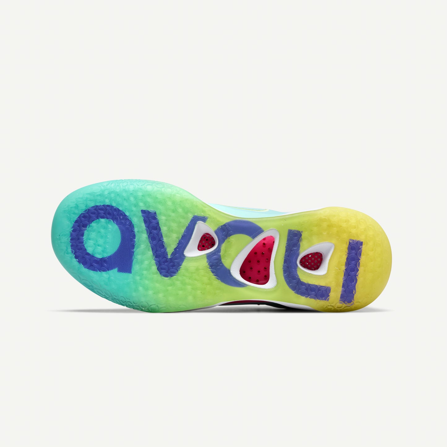 Colorful shoe sole with 'avoli' branding on a white background