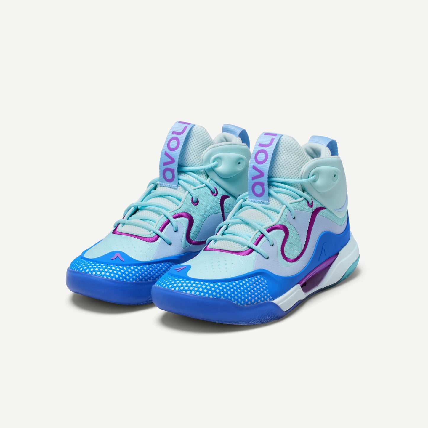 Multi-colored blue and purple volleyball mid-top sneakers on a white background