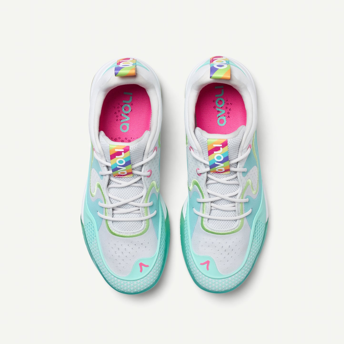 Multicolored volleyball sneaker in light green with yellow and red accents volleyball sneaker on a white background