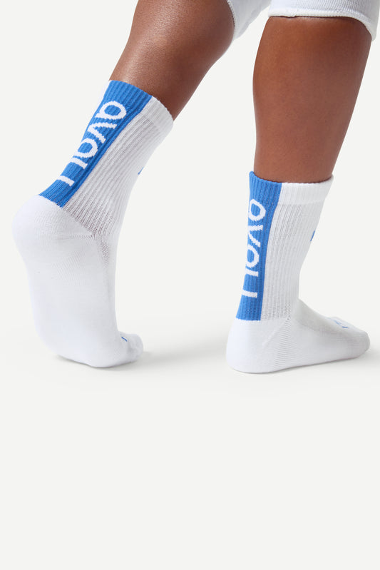 Avoli Crew Strip Sock in White with Egyptian Blue