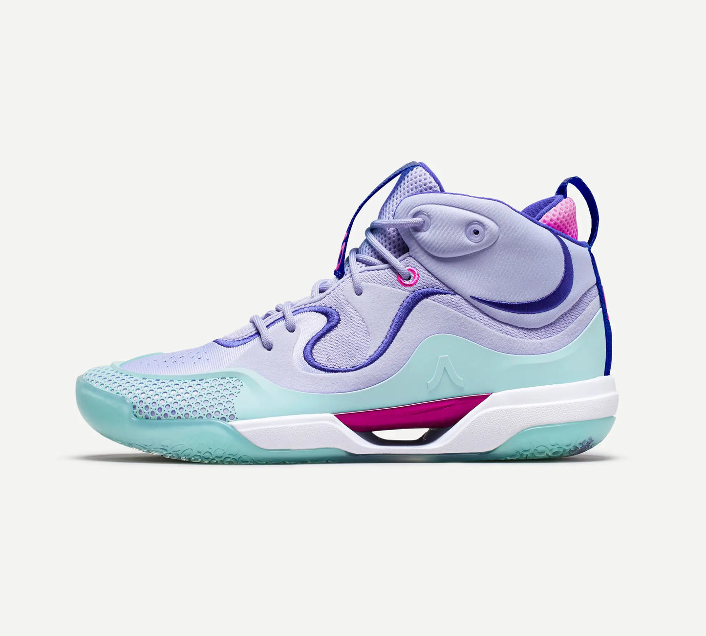 A mid-top volleyball sneaker with a light purple upper, white midsole, and pink and purple accents.