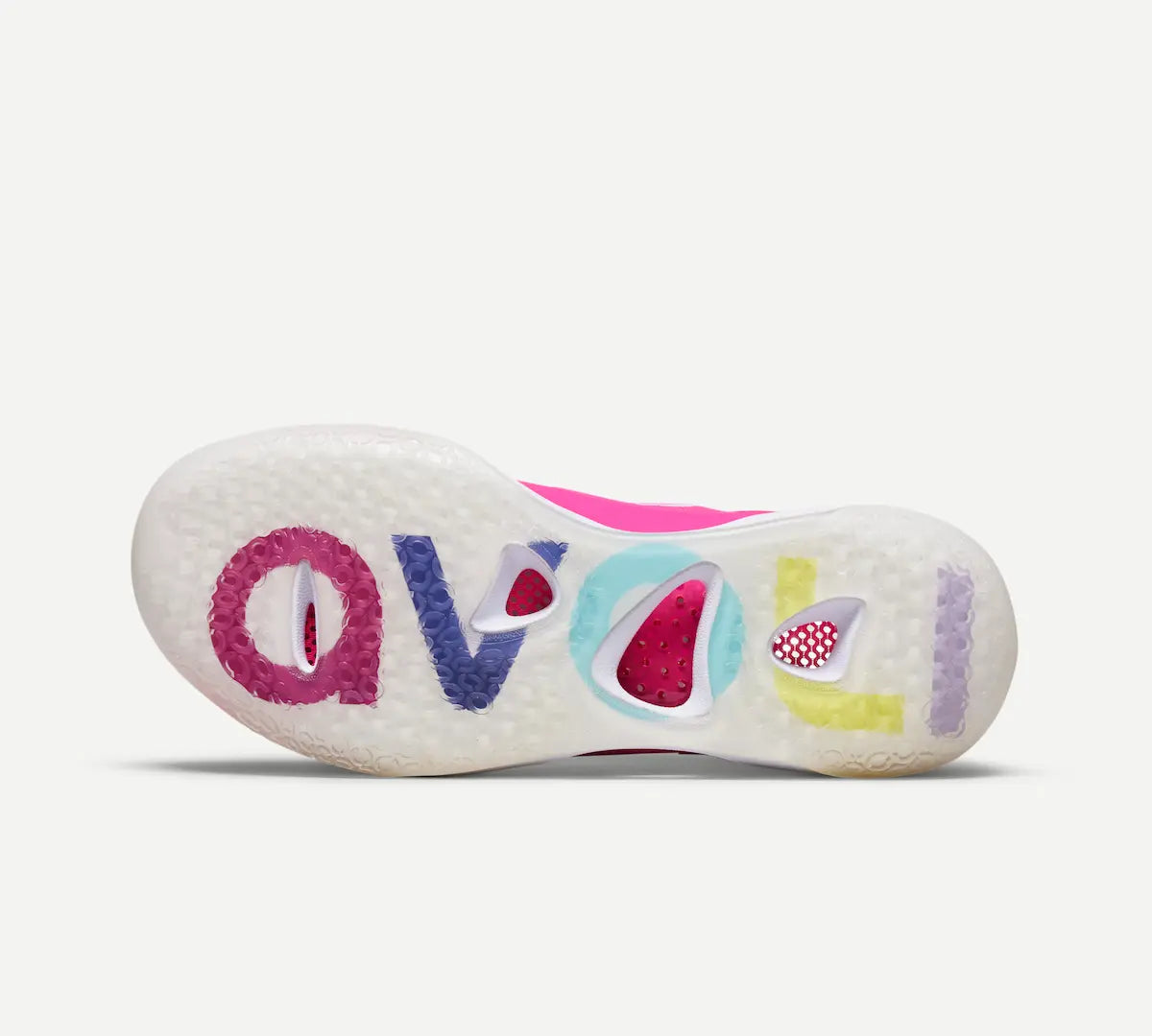 White outsole of a pink mid-top volleyball shoe with multi-color brand name on bottom