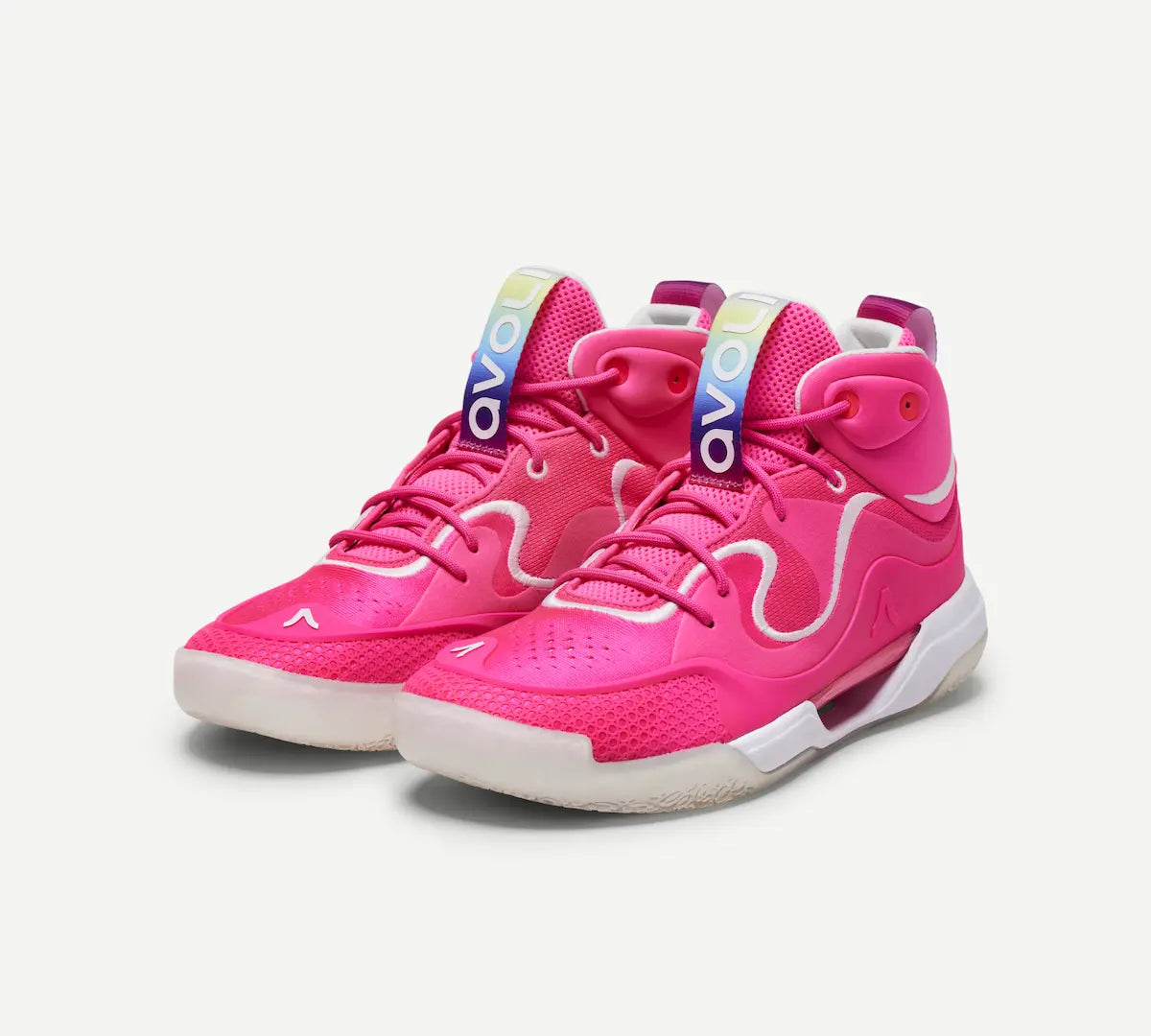 A pair of pink mid-top volleyball shoes with white accents and a unique design, likely made for fast movements and high-impact plays.