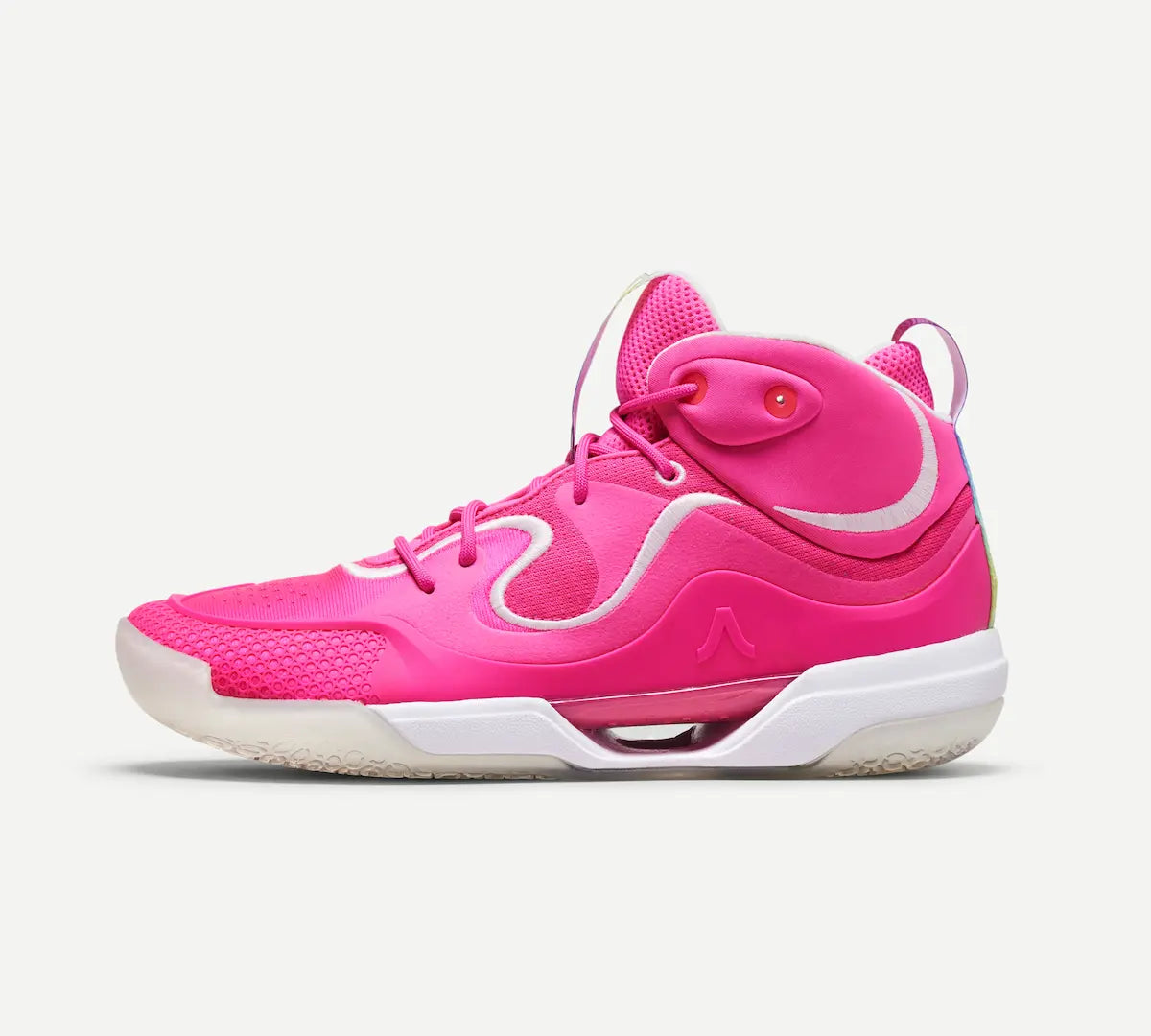 A pink mid-top volleyball shoe with white accents and a unique design, likely made for fast movements and high-impact plays.