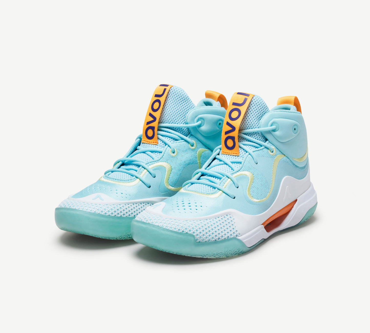 A pair of light blue and orange mid-top volleyball shoes with a white midsole 