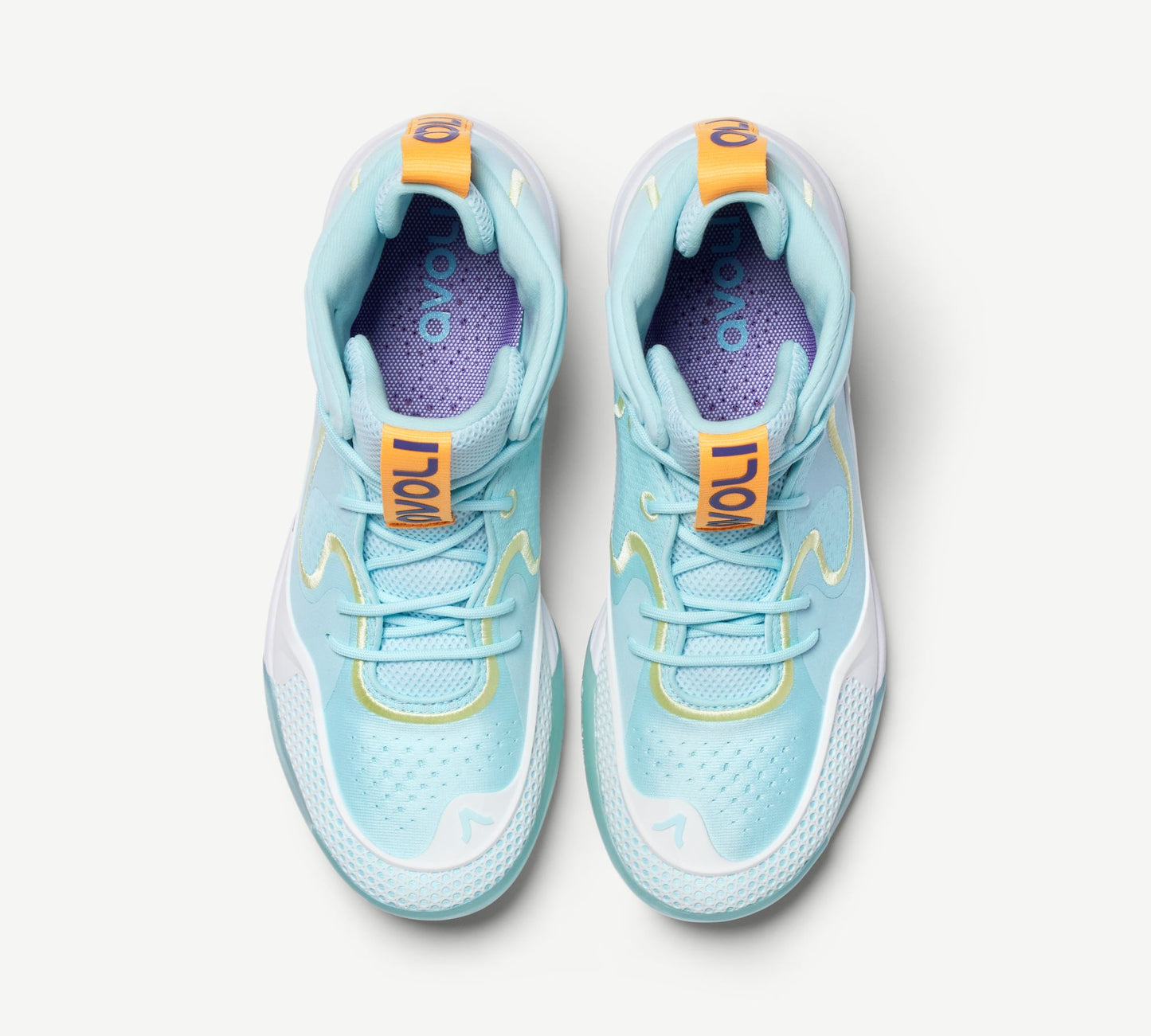 A pair of  light blue and orange mid-top volleyball shoes with a white midsole 