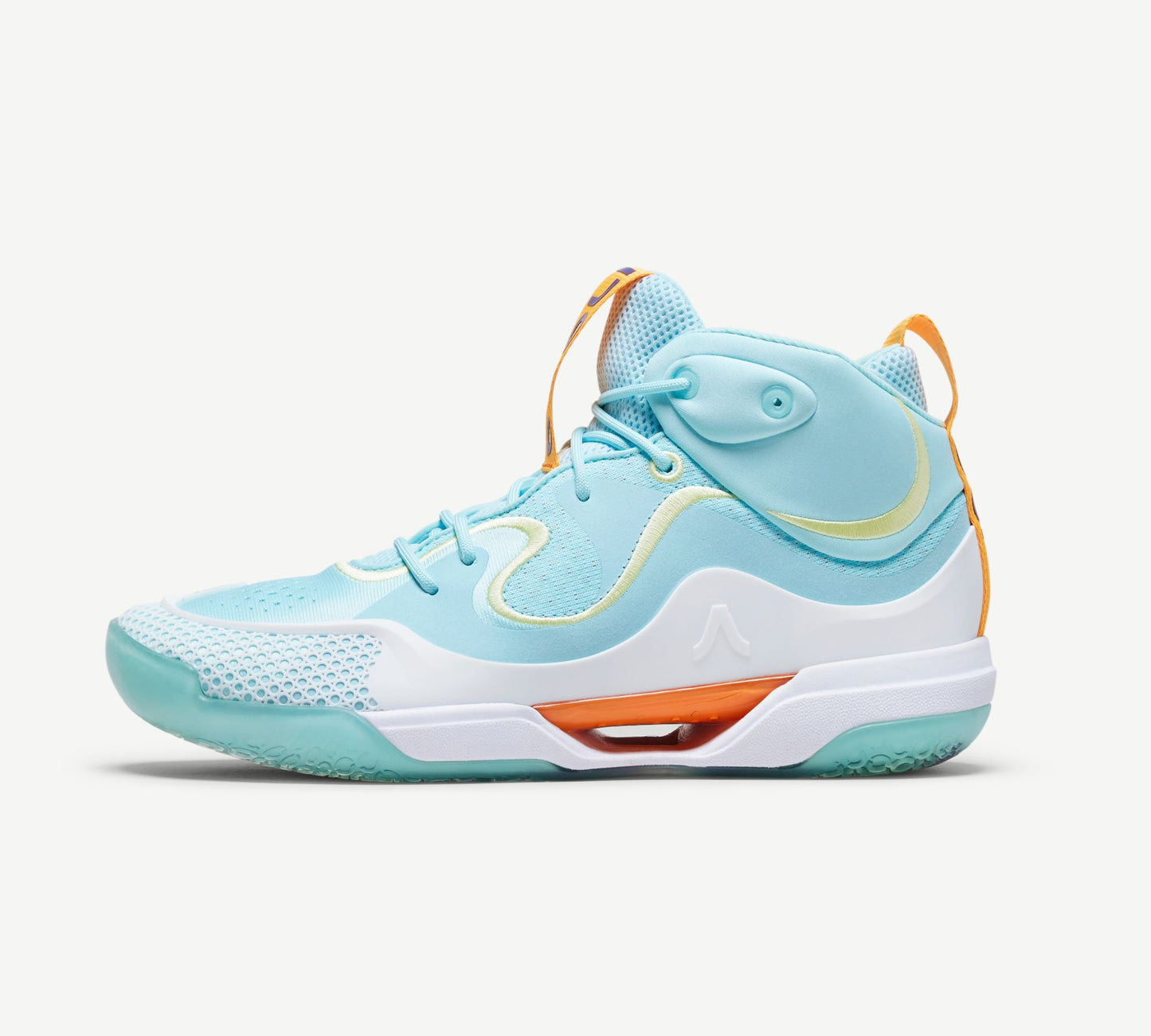 A light blue and orange mid-top volleyball shoe with a white midsole 