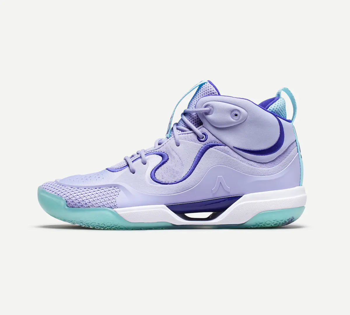 A mid-top volleyball sneaker with a light purple upper, white midsole, and pink and purple accents.