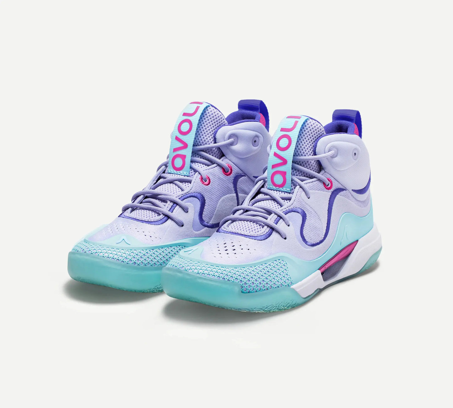 A mid-top volleyball sneaker with a light purple upper, white midsole, and pink and purple accents.
