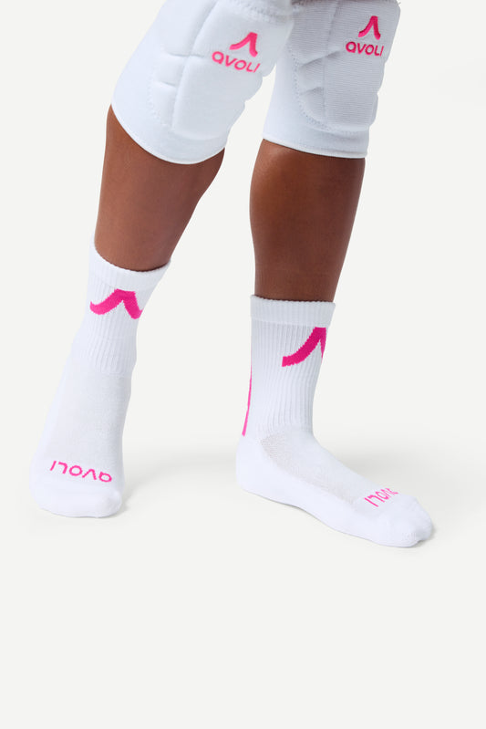 Avoli Crew Strip Sock Three Pack in White With Pink Glow