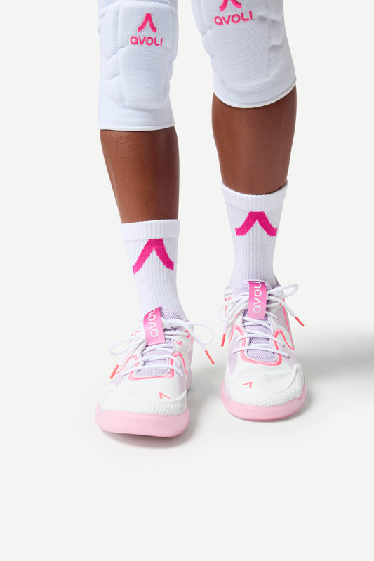 Avoli Crew Strip Sock in White with Pink Glow