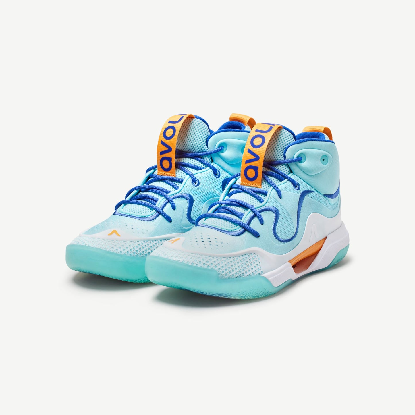 A pair of mid-top volleyball sneakers with blue and orange color scheme, featuring a white midsole and blue outsole.