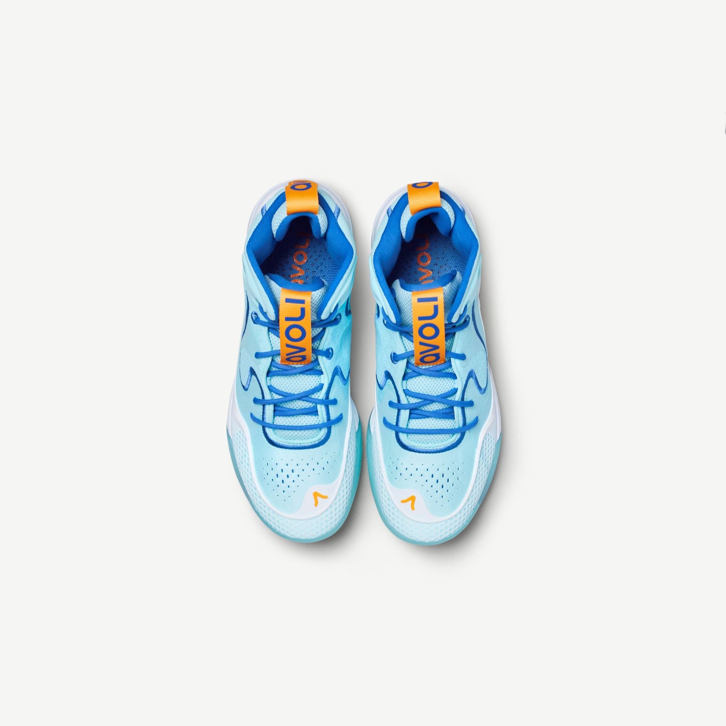 A pair of mid-top volleyball sneakers with blue and orange color scheme, featuring a white midsole and blue outsole.