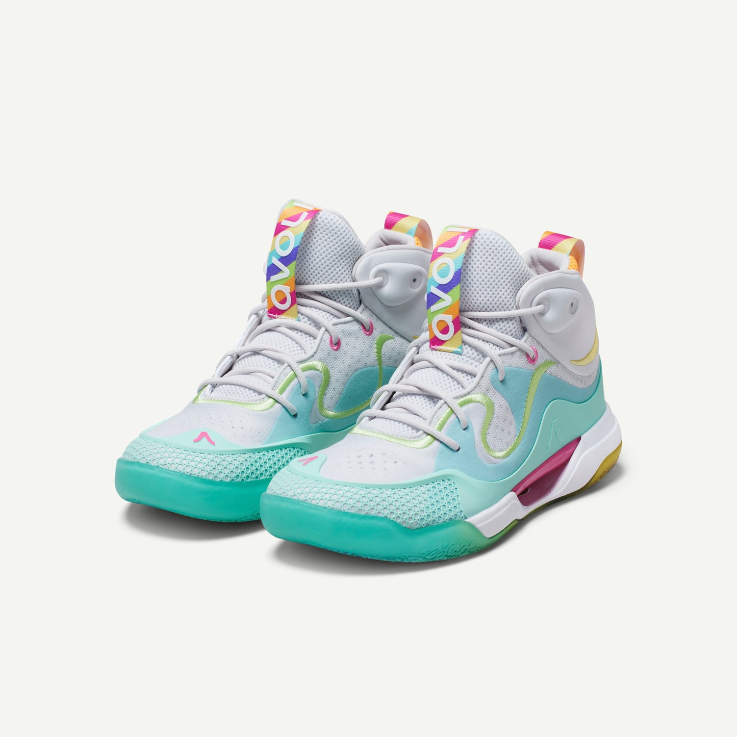 Colorful green and white sneakers with a gradient design on a white background