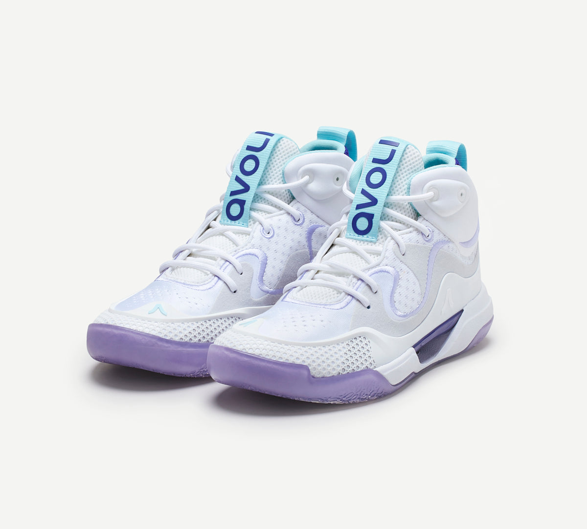 A pair of white volleyball shoes with purple accents 