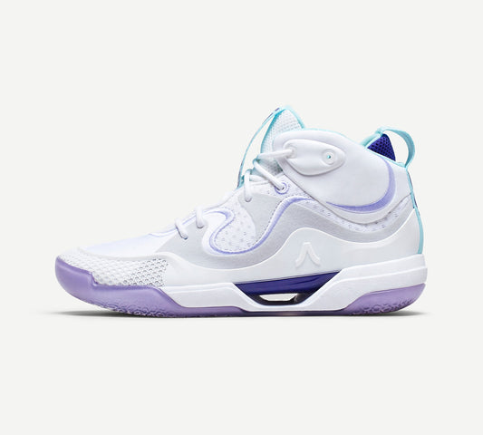 A white volleyball shoe with purple accents 