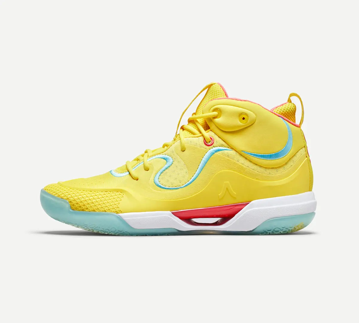 A yellow volleyball shoe with blue accents and a white midsole.