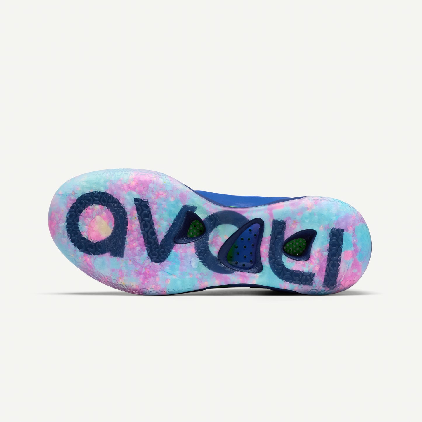 Blue volleyball shoe with colorful sole on a white background