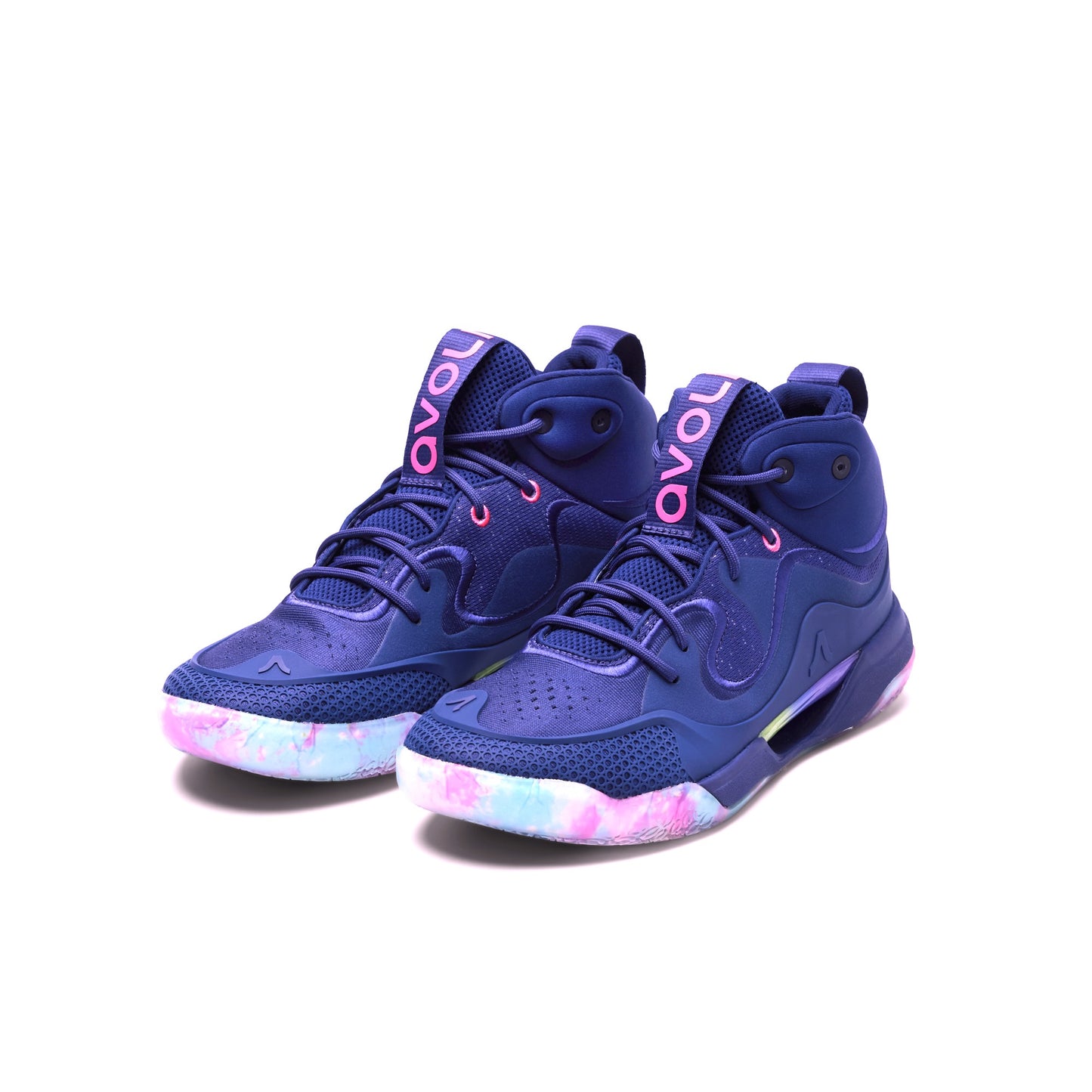 Blue volleyball mid top sneaker with a colorful sole on a white background