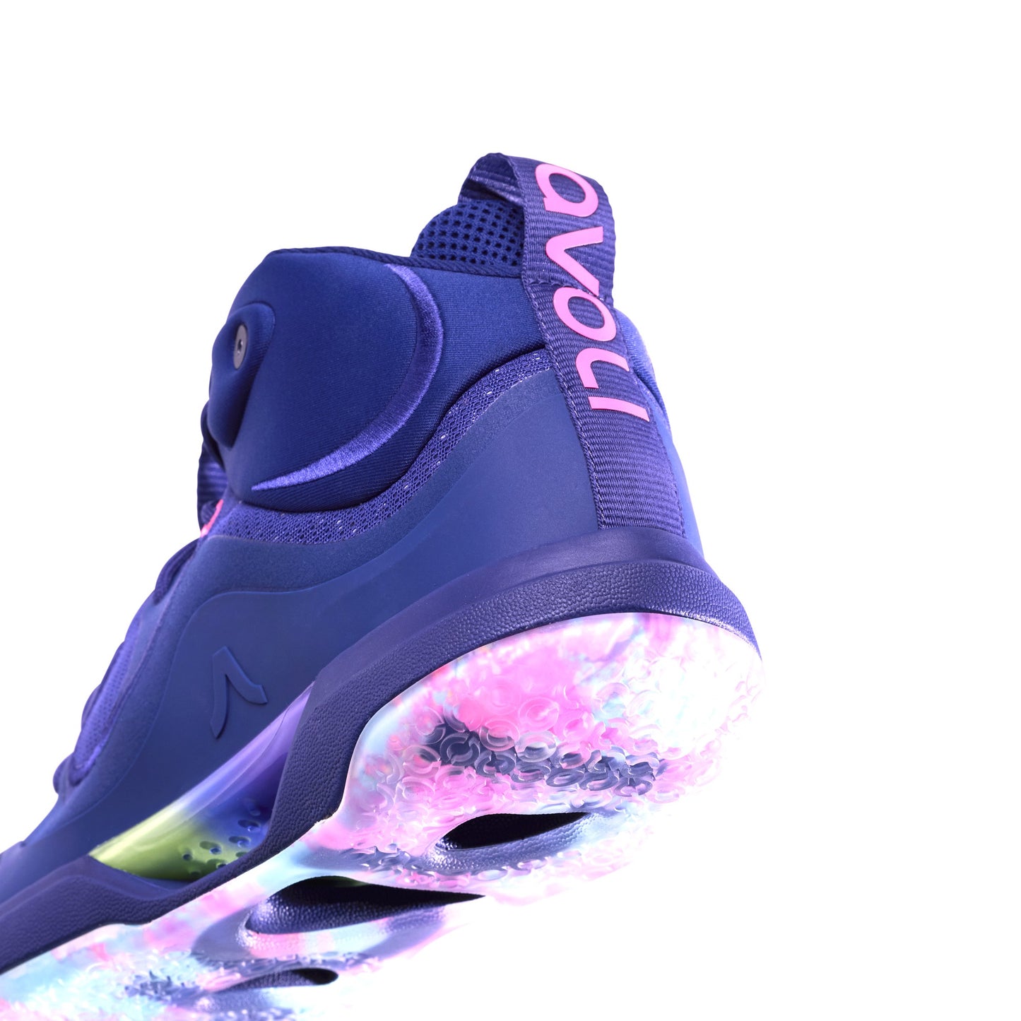 Blue volleyball mid top sneaker with a colorful sole on a white background