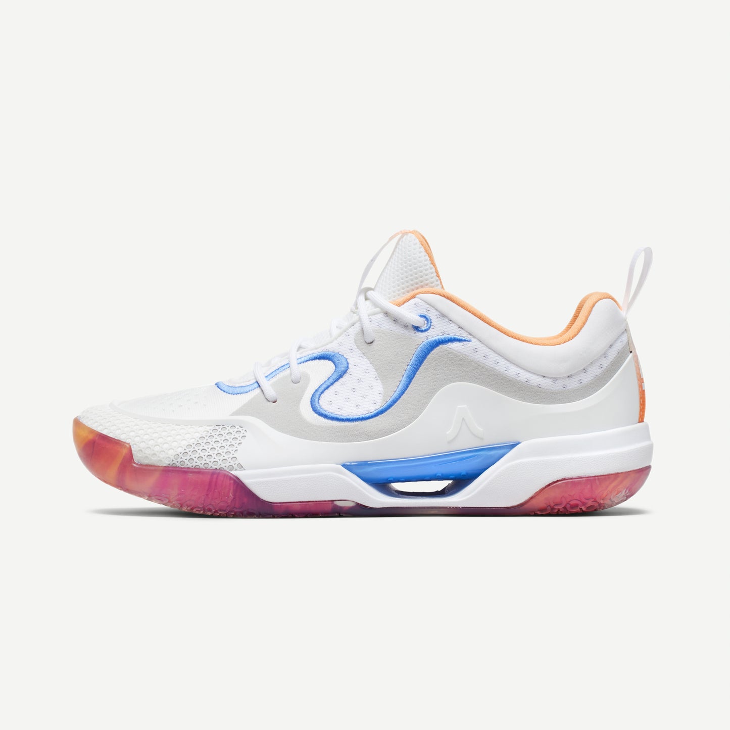 Side view of a Avoli Low volleyball shoes with white as the primary color and blue, orange, and iridescent outsole.