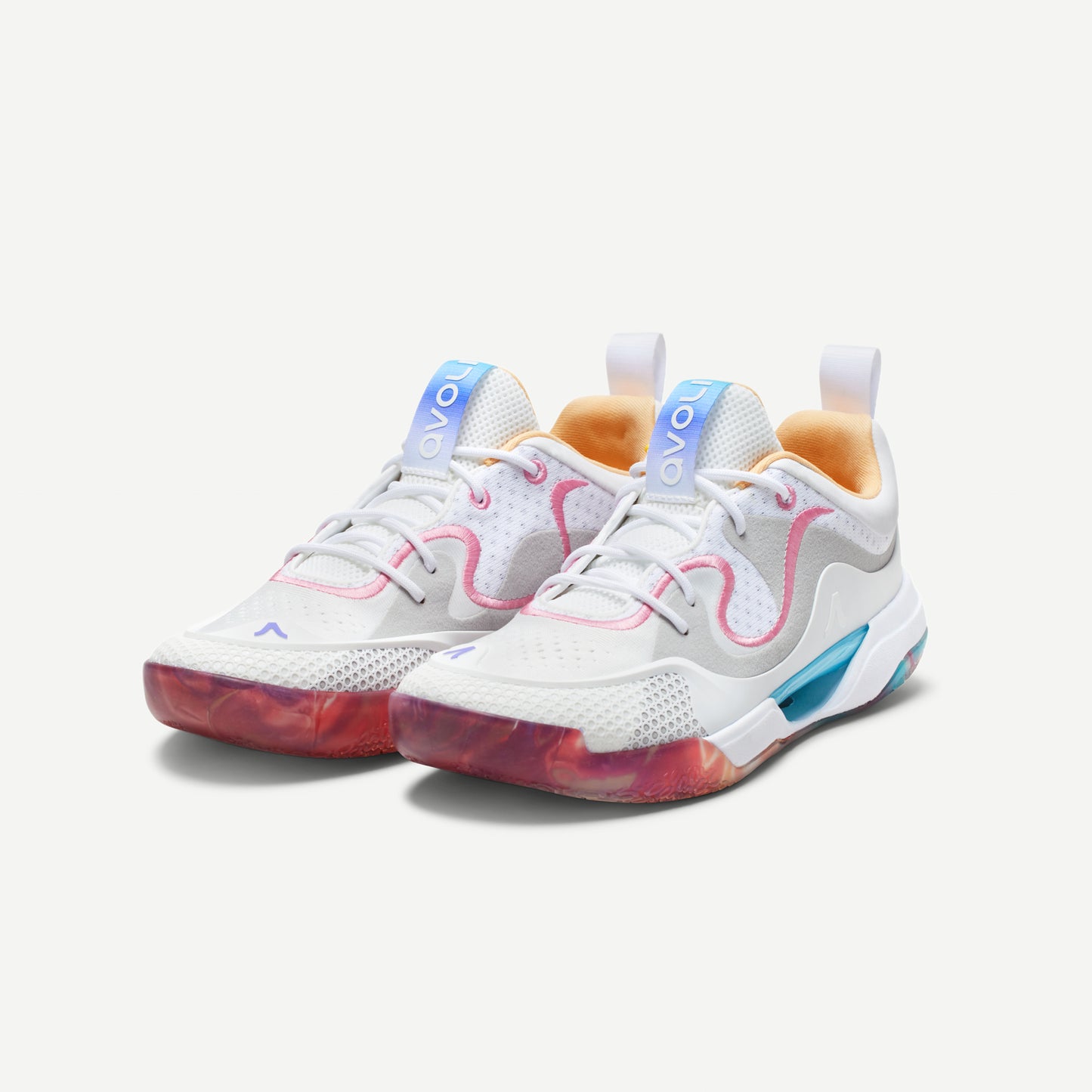 A pair of low-top volleyball shoes with white as the primary color and multicolored accents in pink, blue, and red. The shoes feature a distinctive iridescent pattern.