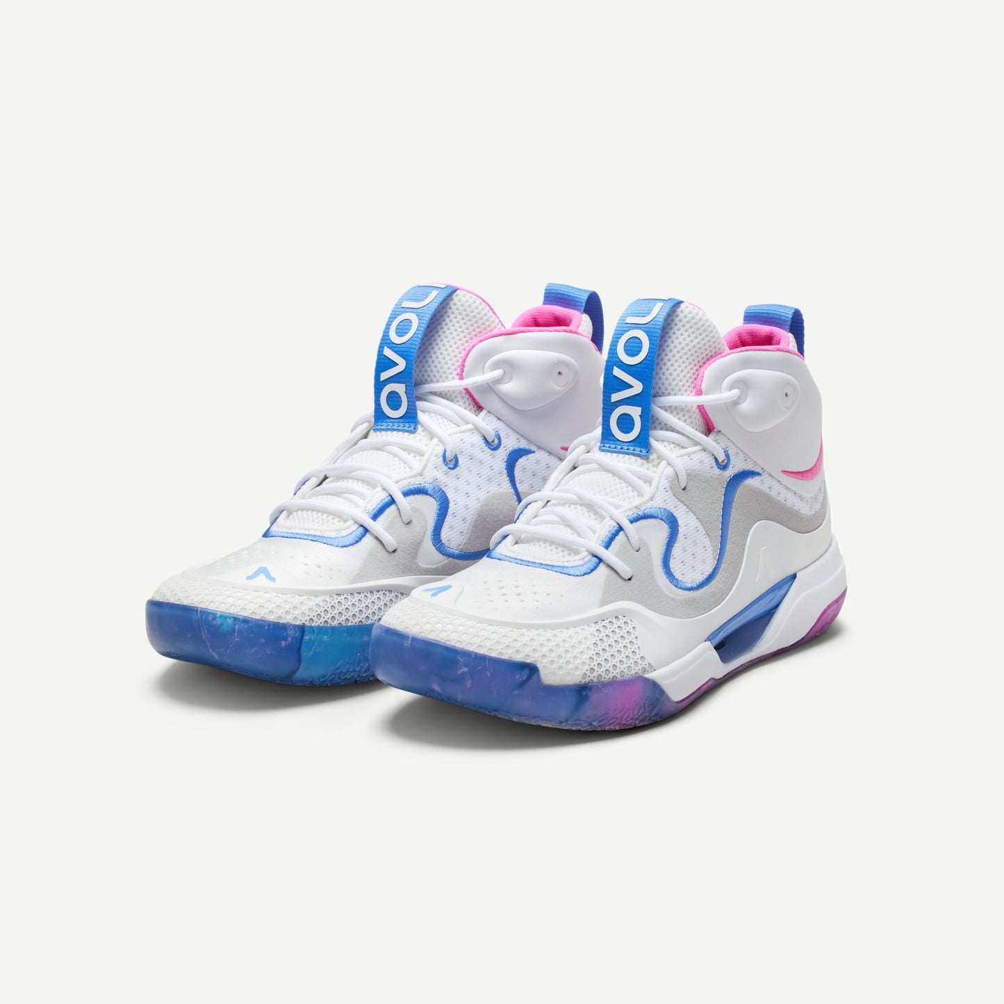 A white volleyball mid top shoe with blue and pink accents, featuring a distinctive design on the sole and a label with the brand name 'Avoli' on the heel.