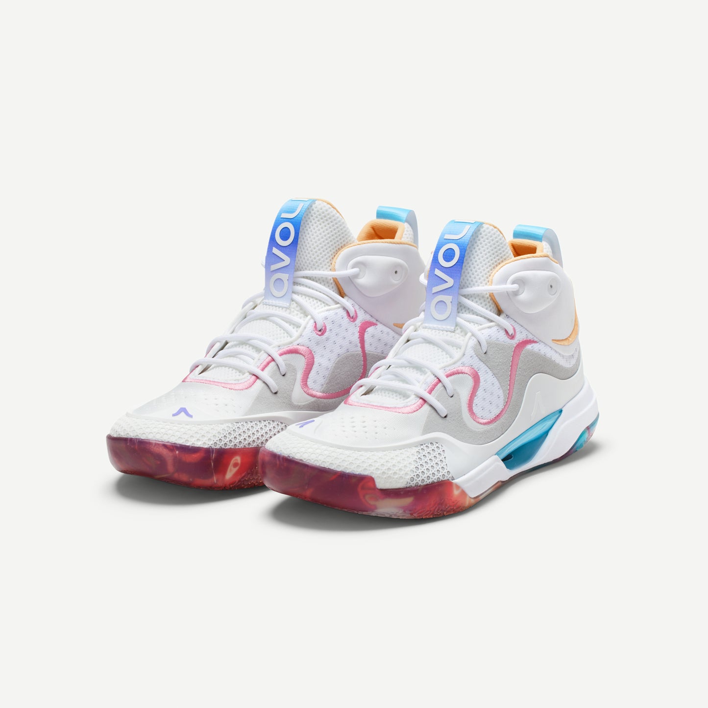 A pair of mid-top volleyball shoes with white as the primary color and multicolored accents in pink, blue, and red. The shoes feature a distinctive iridescent pattern on the side.