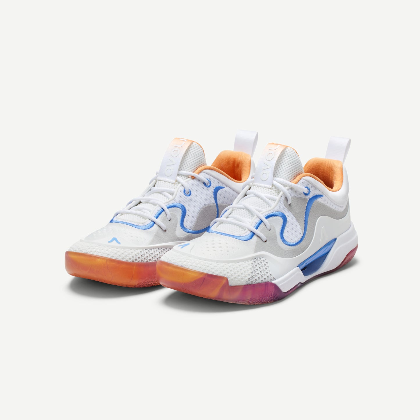 A pair of low-top volleyball shoes with white as the primary color and multicolored accents in pink, blue, and red. The shoes feature a distinctive iridescent pattern.