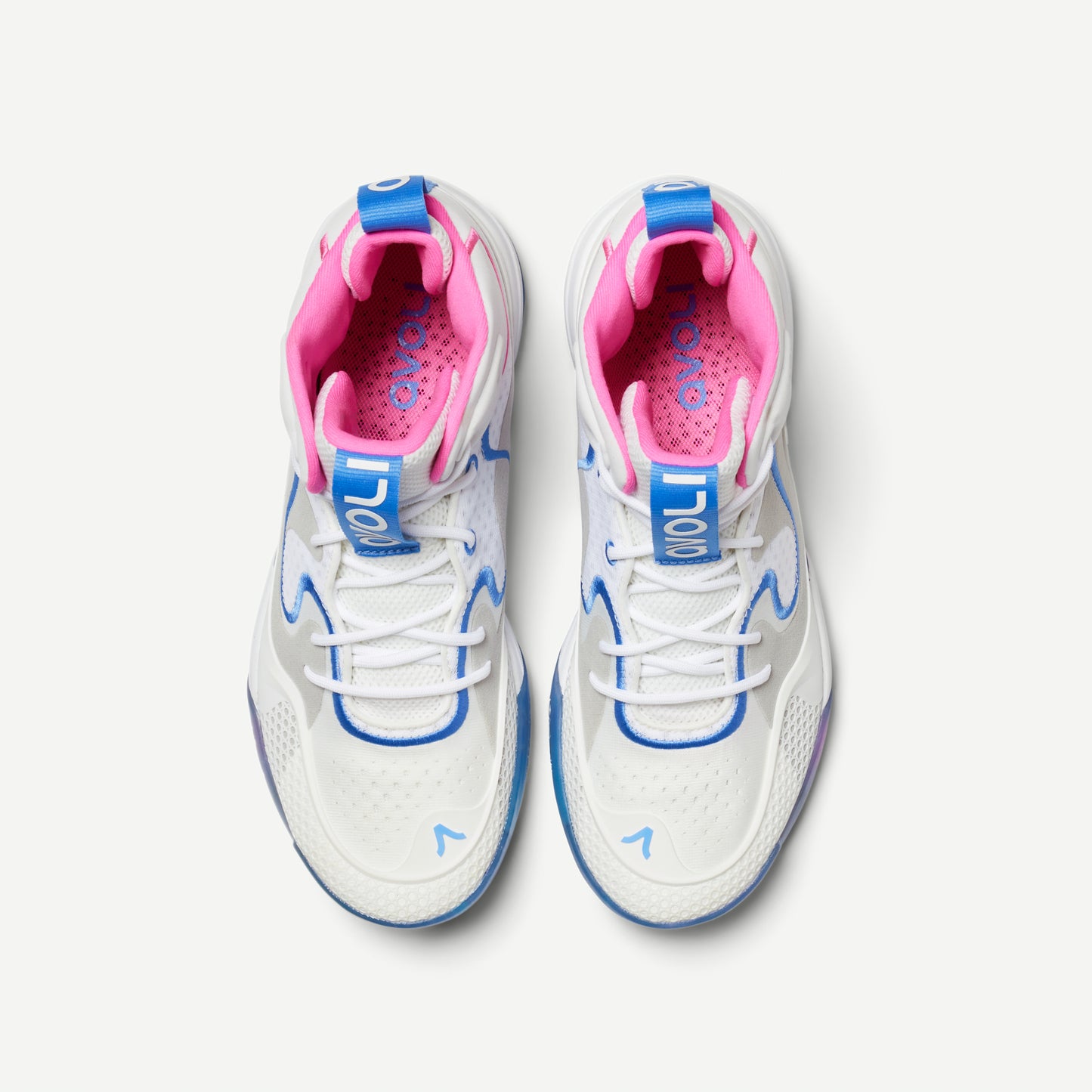 A white volleyball mid top shoe with blue and pink accents, featuring a distinctive design on the sole and a label with the brand name 'Avoli' on the heel.