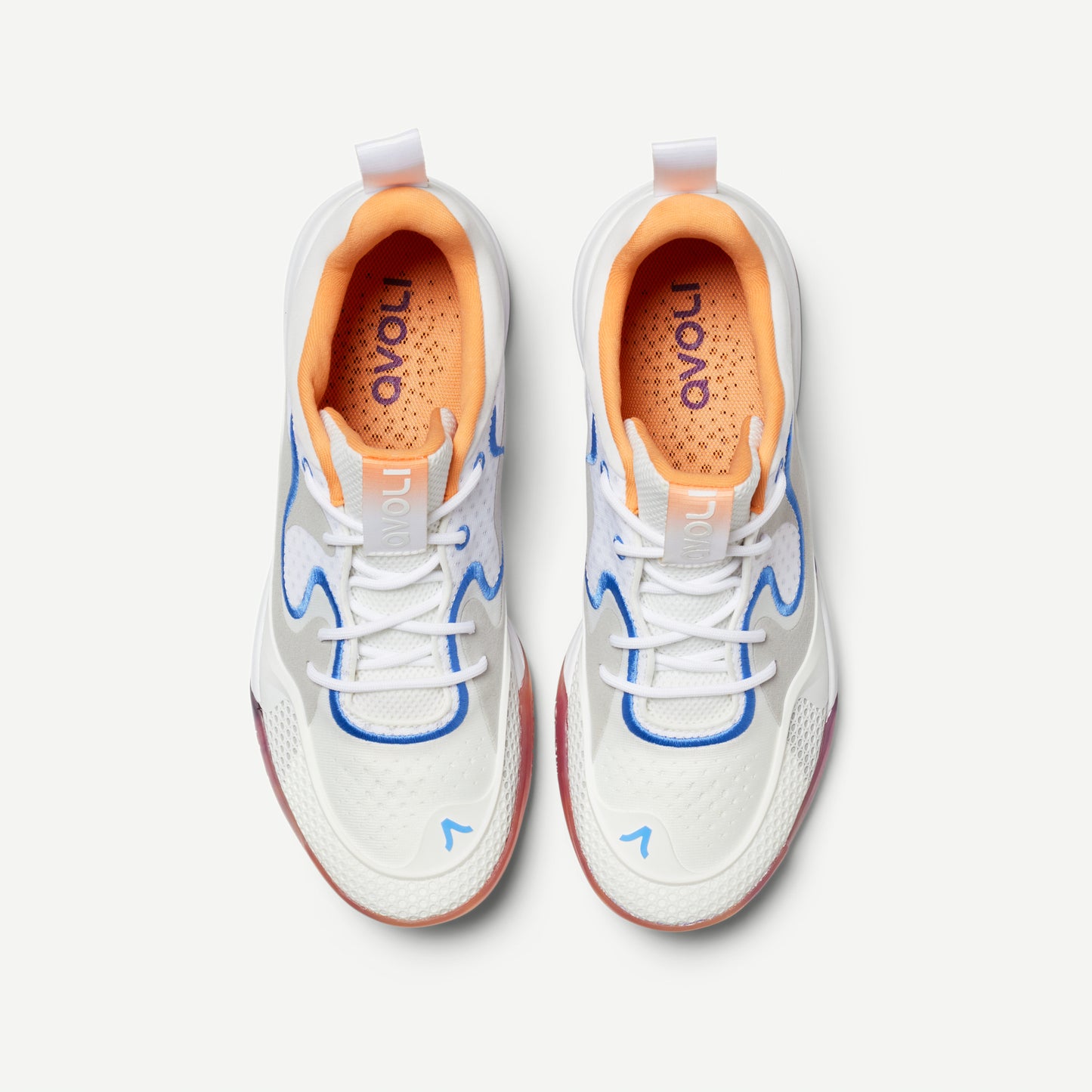 A pair of low-top volleyball shoes with white as the primary color and multicolored accents in pink, blue, and red. The shoes feature a distinctive iridescent pattern.