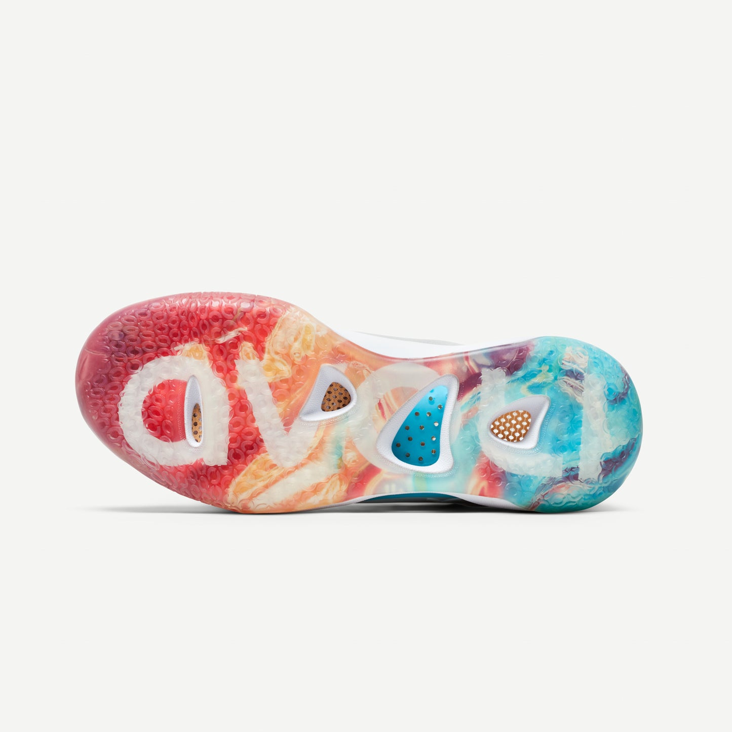 The sole of a volleyball shoe with white as the primary color and multicolored accents in pink, blue, and red. The shoes feature a distinctive iridescent pattern.