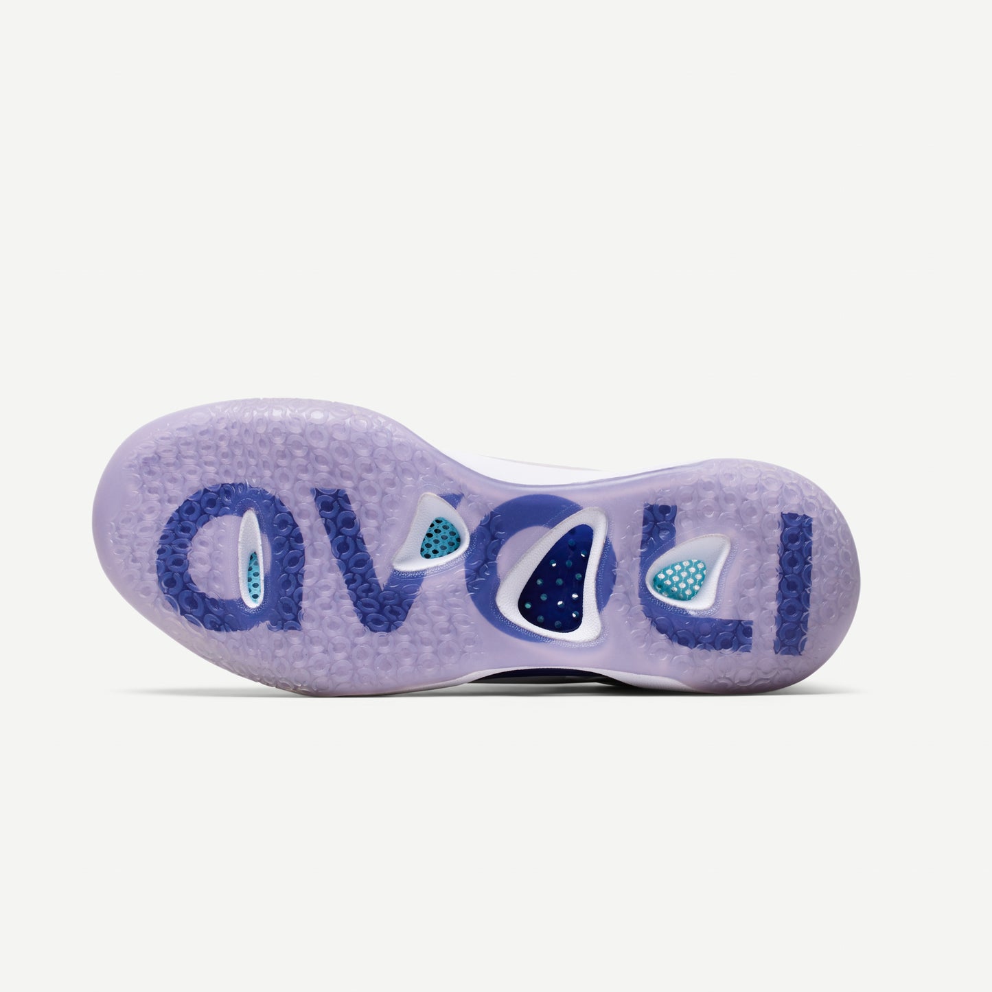Outsole of a a white volleyball shoe with purple accents and a heather pattern