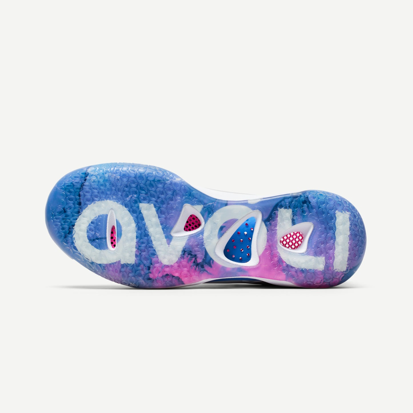 A white volleyball mid top shoe with blue and pink accents, featuring a distinctive design on the sole and a label with the brand name 'Avoli' on the heel.