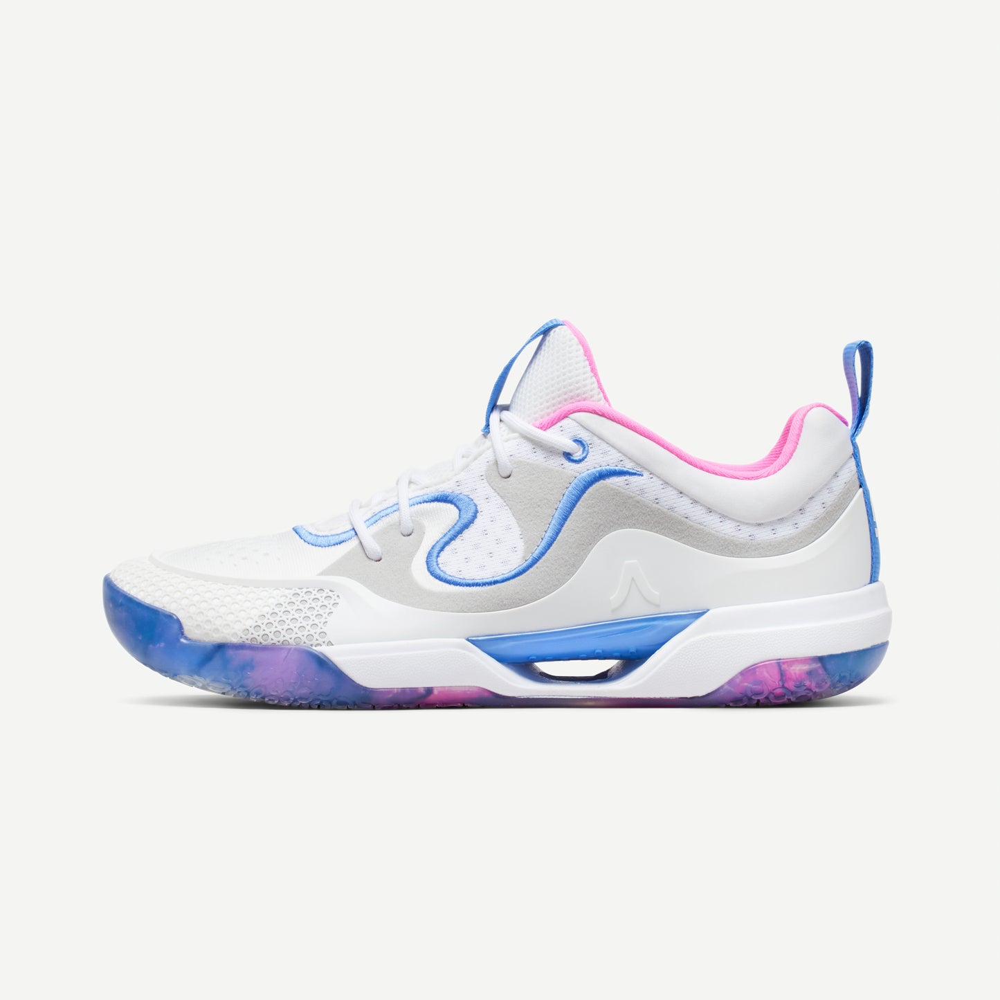 A white volleyball low top shoe with blue and pink accents, featuring a distinctive design on the sole and a label with the brand name 'Avoli' on the heel.