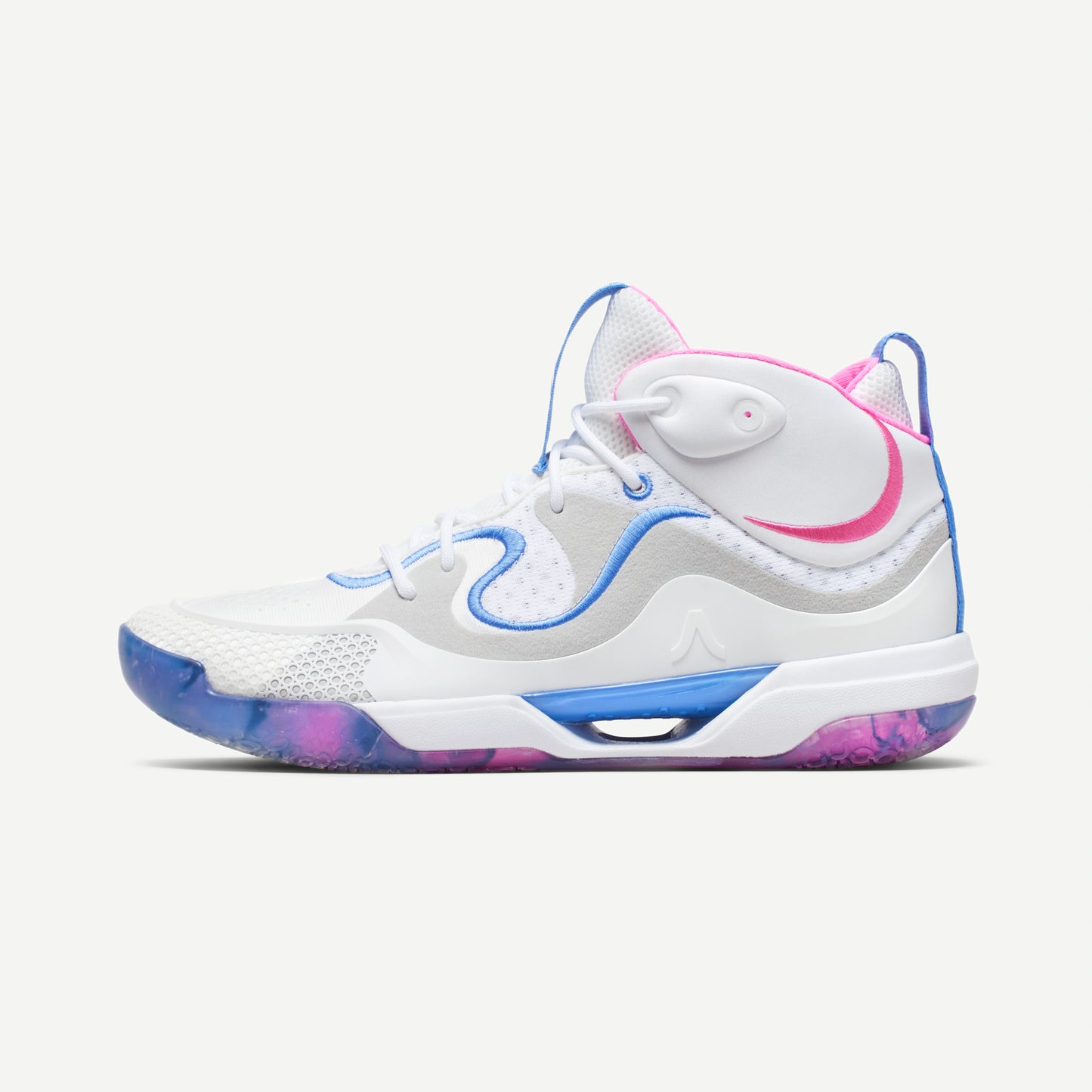 A white volleyball mid top shoe with blue and pink accents, featuring a distinctive design on the sole and a label with the brand name 'Avoli' on the heel.