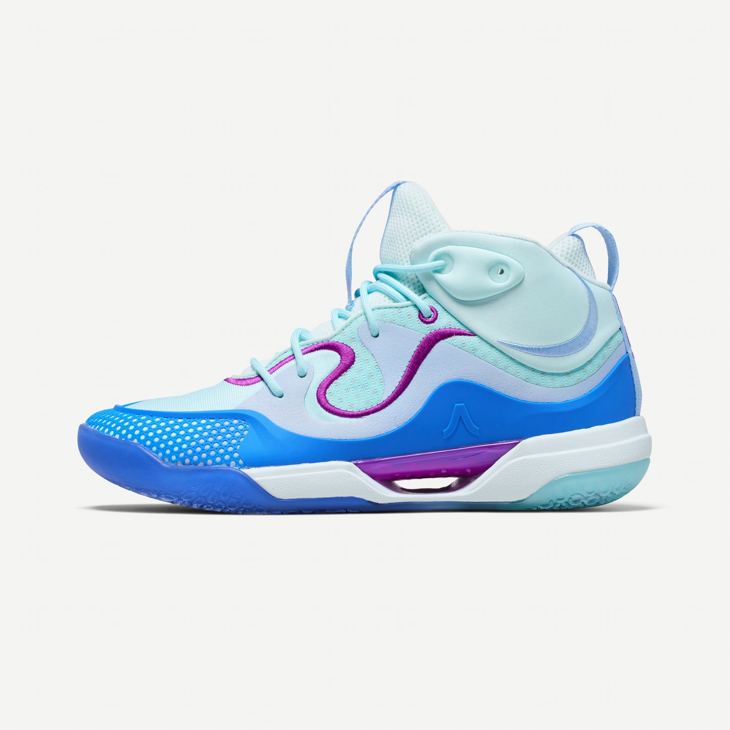 Multi-colored blue and purple volleyball mid-top sneaker on a white background