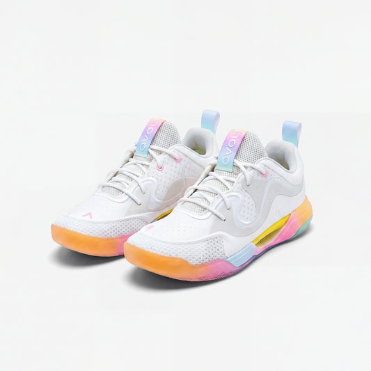 White volleyball sneakers with colorful soles on a white background