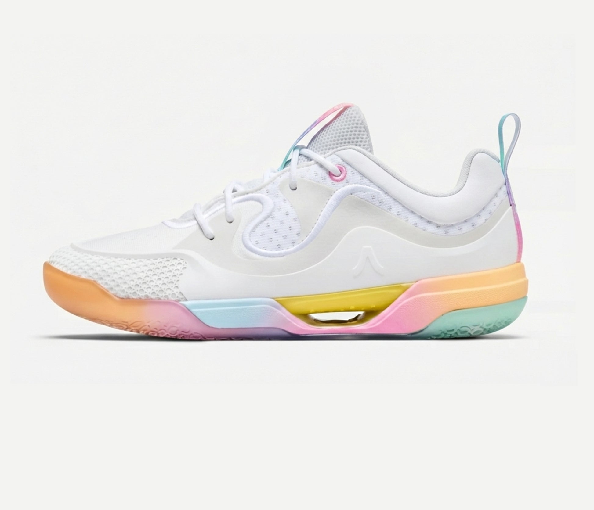 White volleyball sneaker with colorful sole on a white background