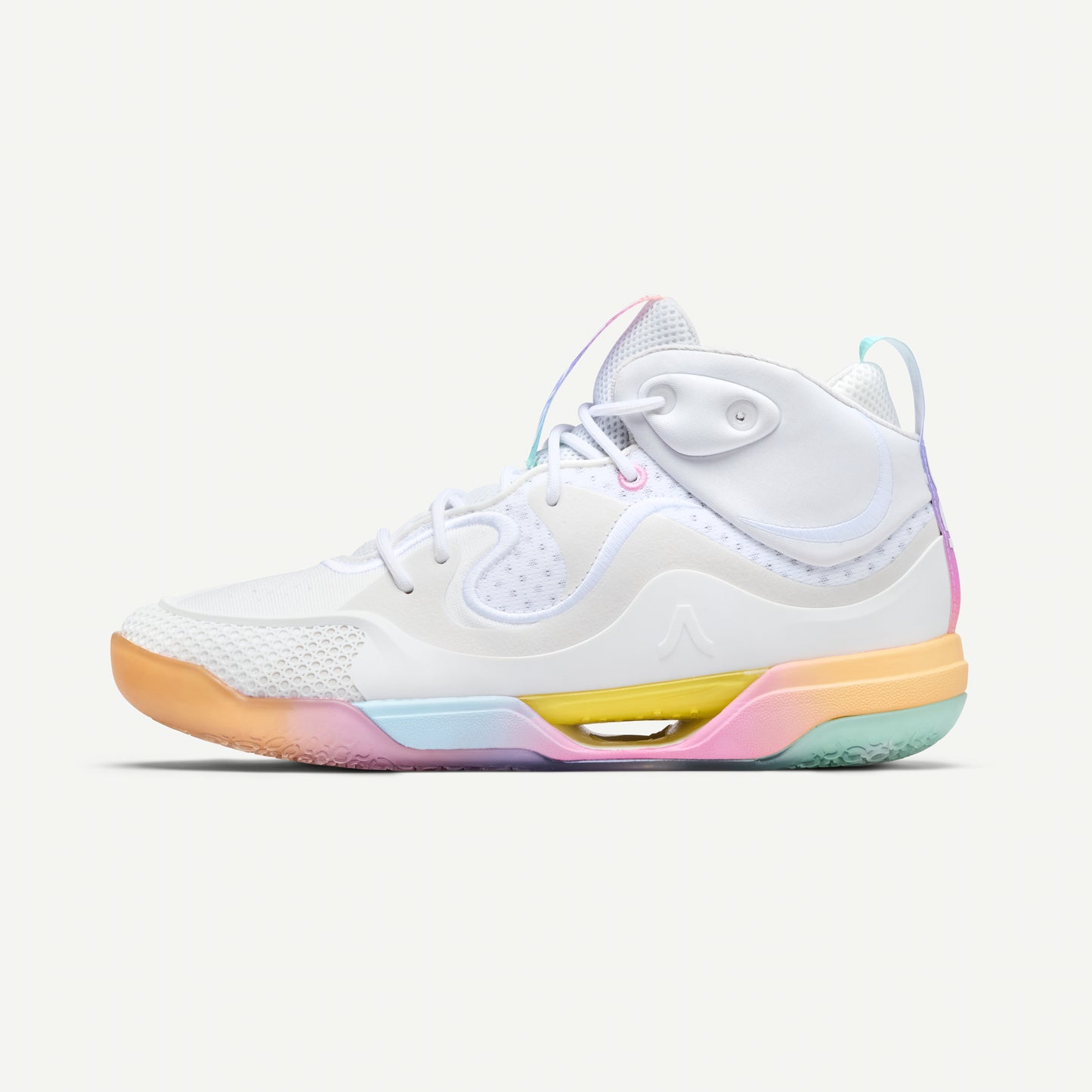 White avoli volleyball sneaker with colorful sole on a white background
