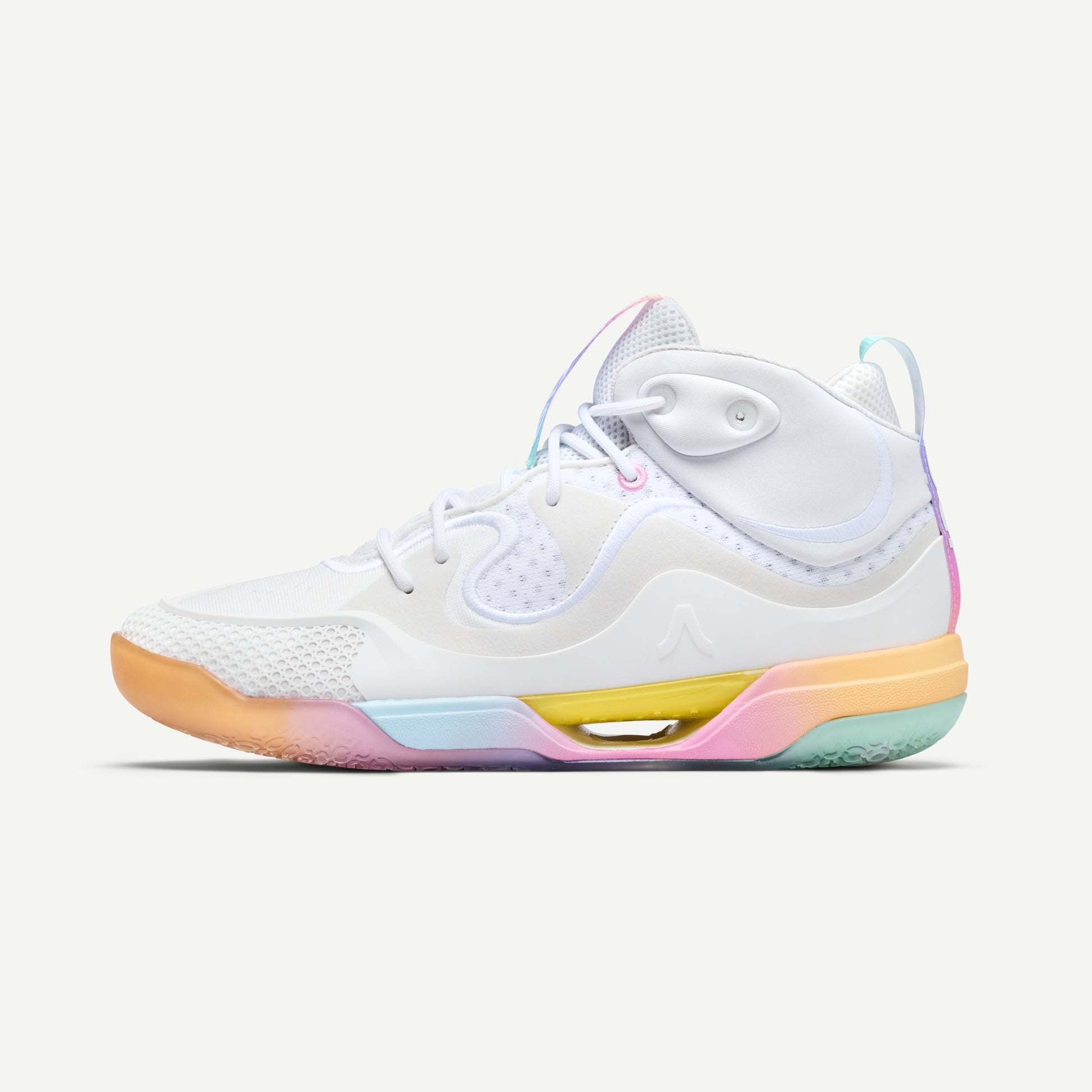 White avoli volleyball sneaker with colorful sole on a white background