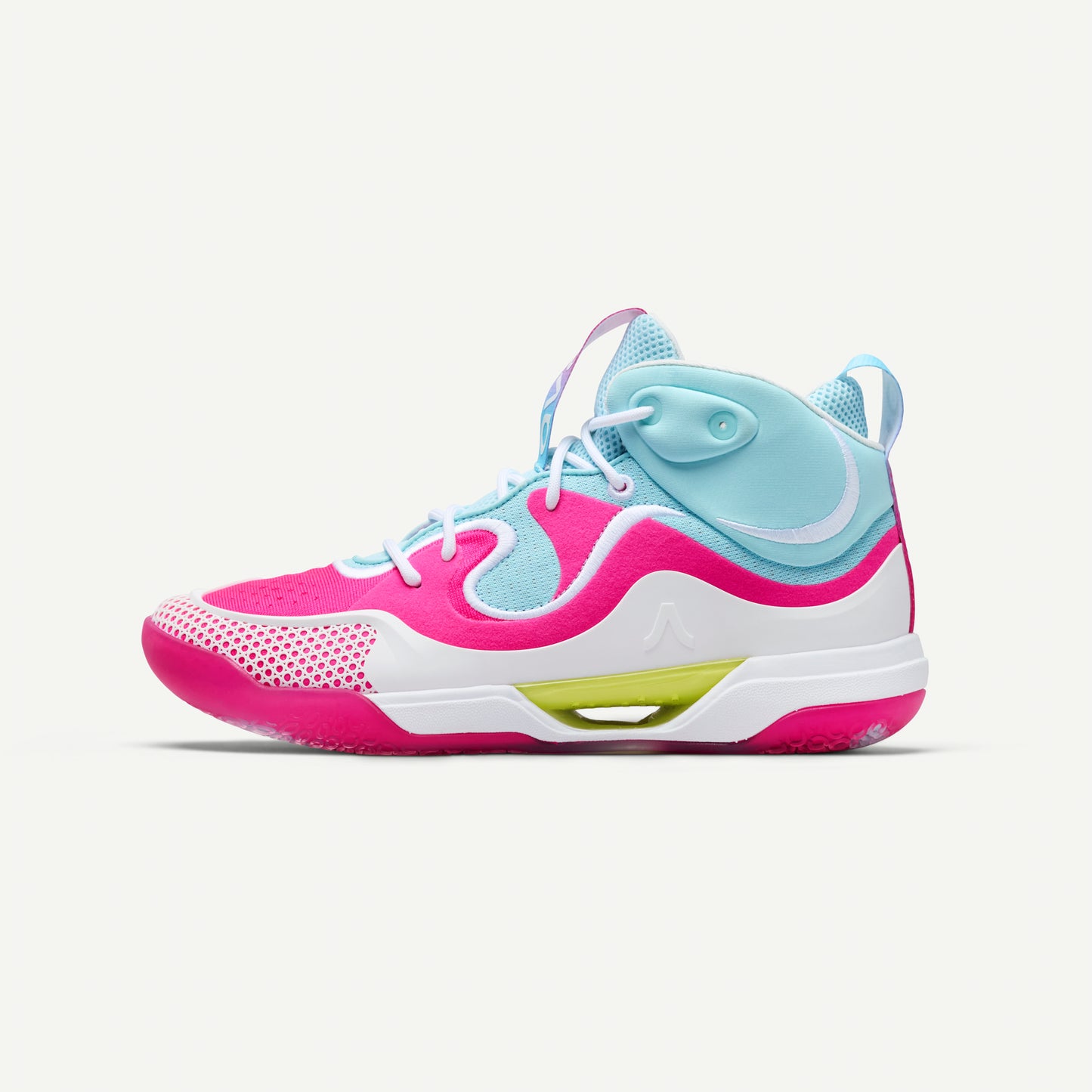 One side of a mismatched pair of pink and light blue mid top volleyball sneakers on a white background