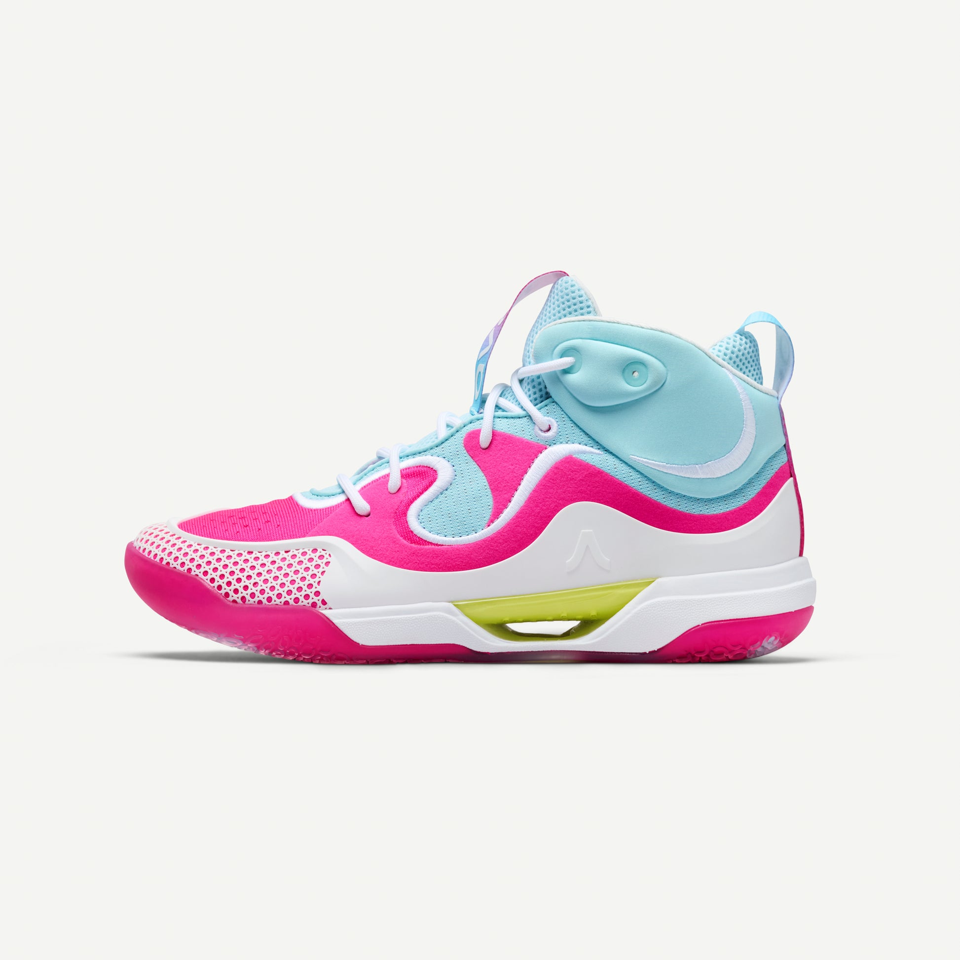 One side of a mismatched pair of pink and light blue mid top volleyball sneakers on a white background