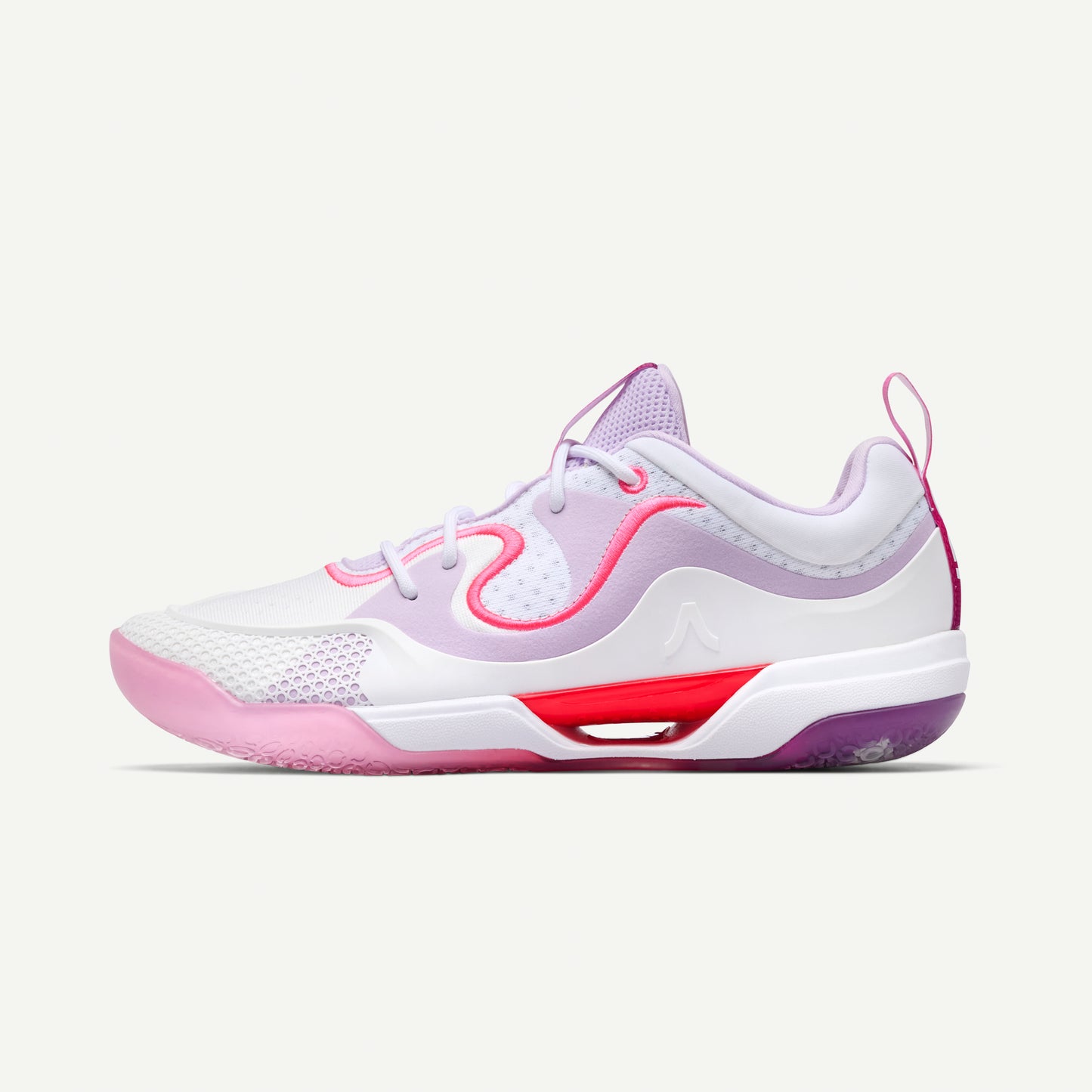 White and pink low top volleyball sneaker with red, pink and purple accents on a white background