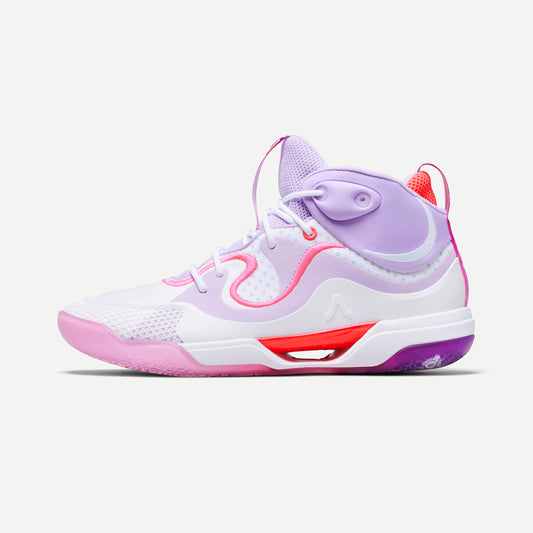 White, lavender, pink and purple mid-top volleyball sneaker with red accents on a white background