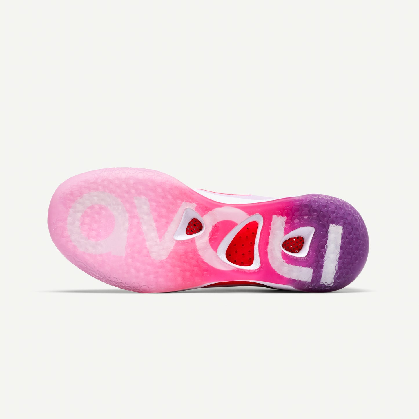 White, lavender, pink and purple mid-top volleyball sneaker sole with red accents on a white background