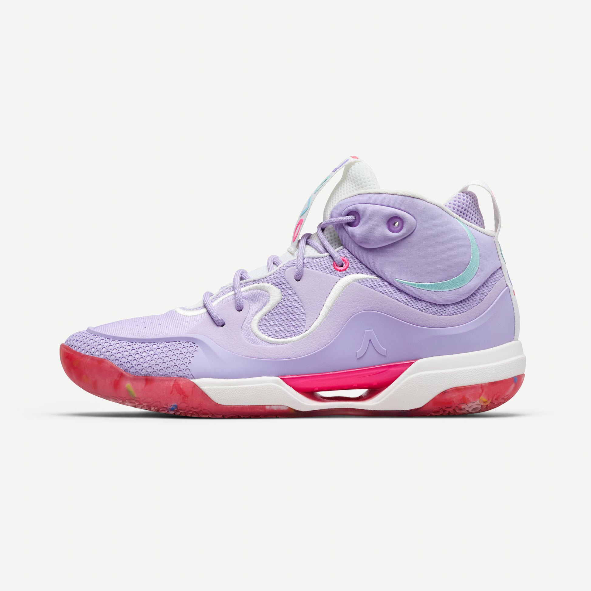 Purple and pink volleyball mid-top sneaker on a white background
